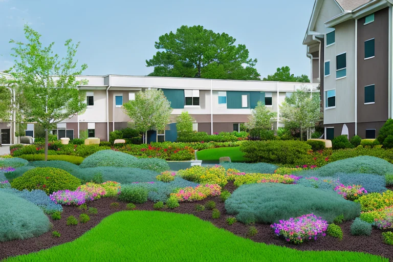 An assisted living facility surrounded by vibrant landscaping