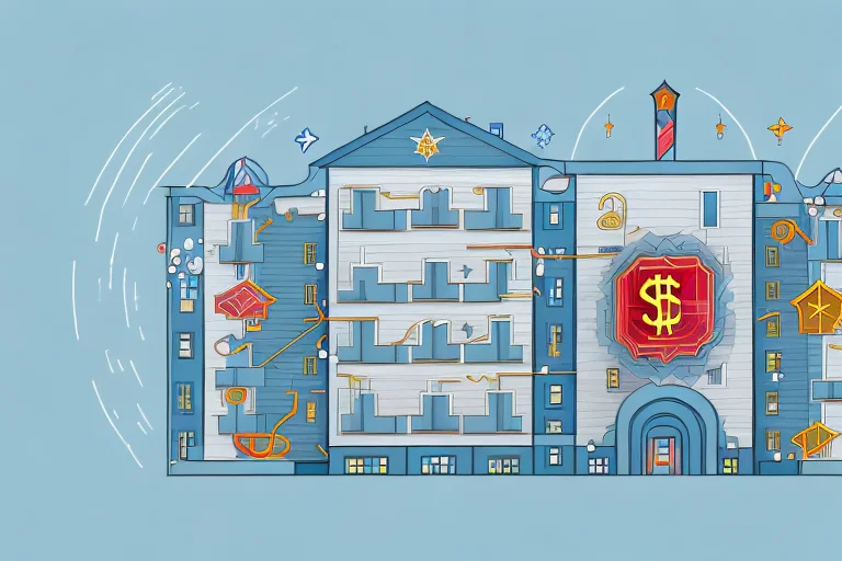 An abstract representation of a senior housing complex surrounded by symbols of financial growth